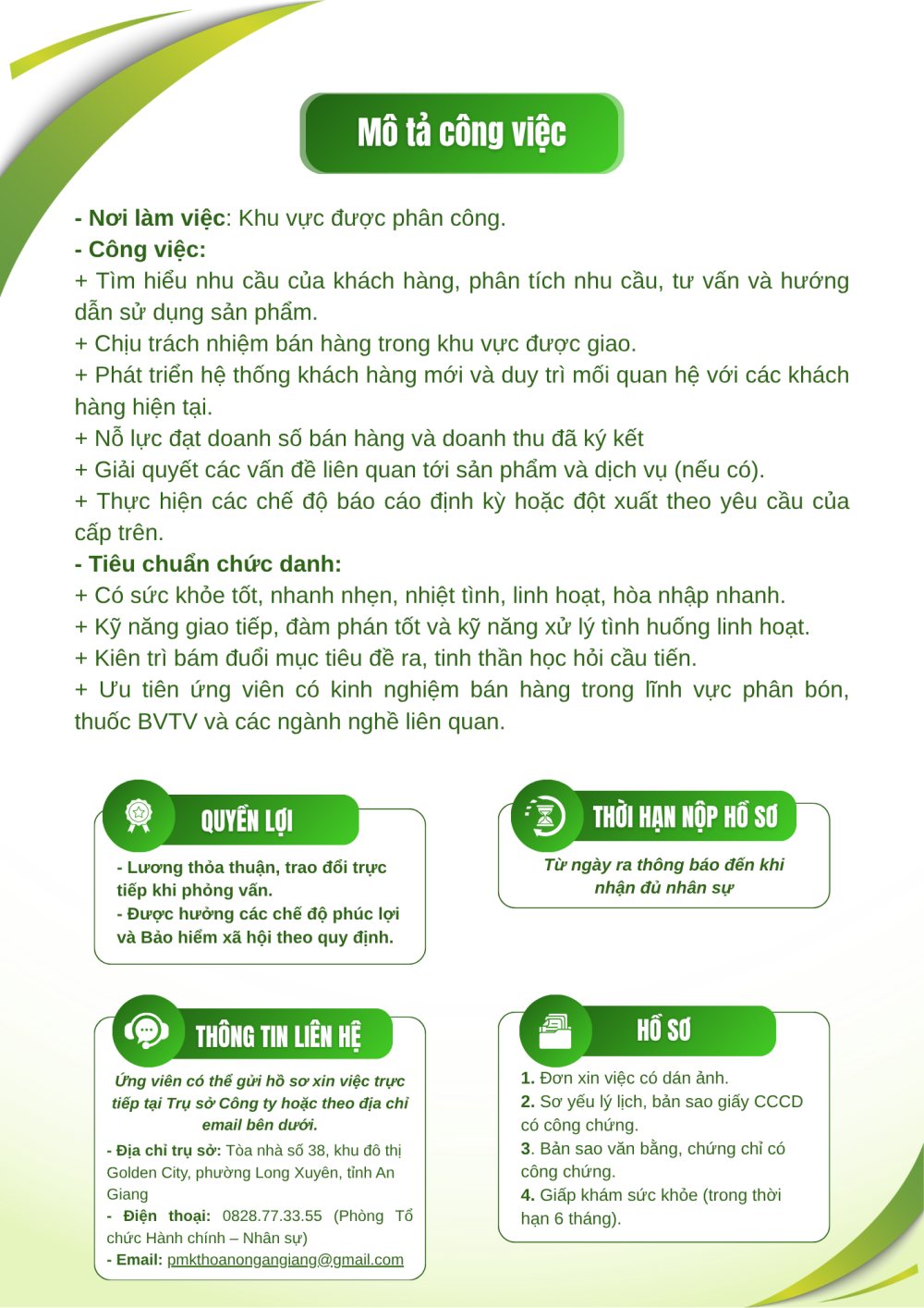 M&ocirc; tả c&ocirc;ng việc, quyền lợi, hồ sơ v&agrave; th&ocirc;ng tin li&ecirc;n hệ tuyển dụng Nh&acirc;n vi&ecirc;n Kinh doanh - H&oacute;a N&ocirc;ng An Giang